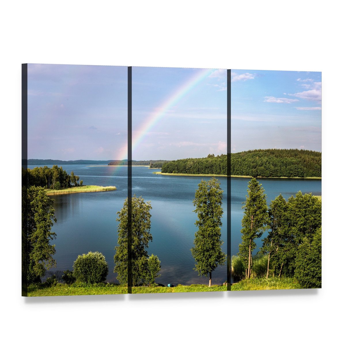Summer Rainbow Over Lake Canvas Wall Art, 3 panel 3 Horizontal layout gallery wrapped canvas set, angled product view