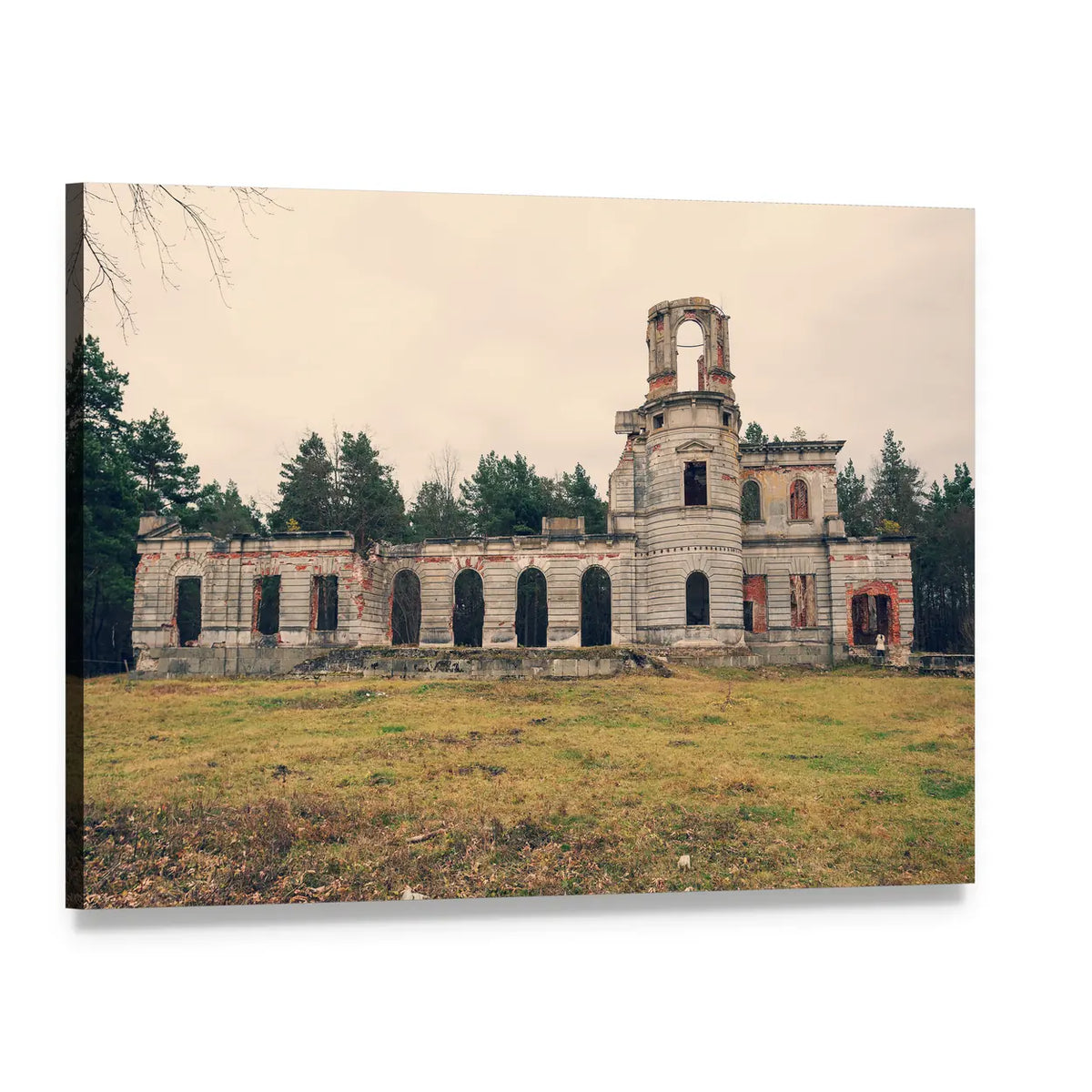 Ruined Castle with Tower and Arches Canvas Wall Art, single panel gallery wrapped canvas, angled product view