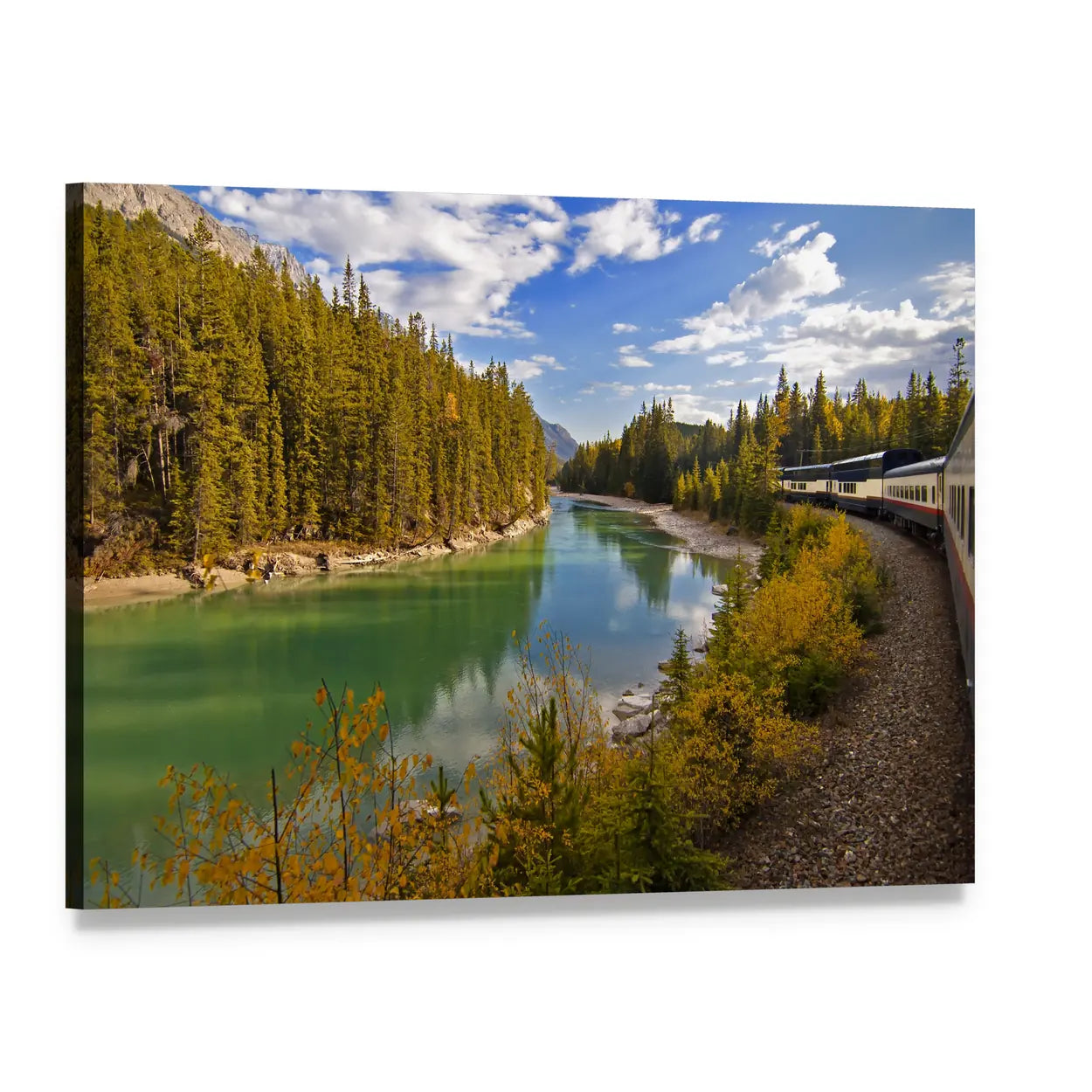 Train Along Turquoise Mountain Lake Canvas Wall Art, single panel gallery wrapped canvas, angled product view