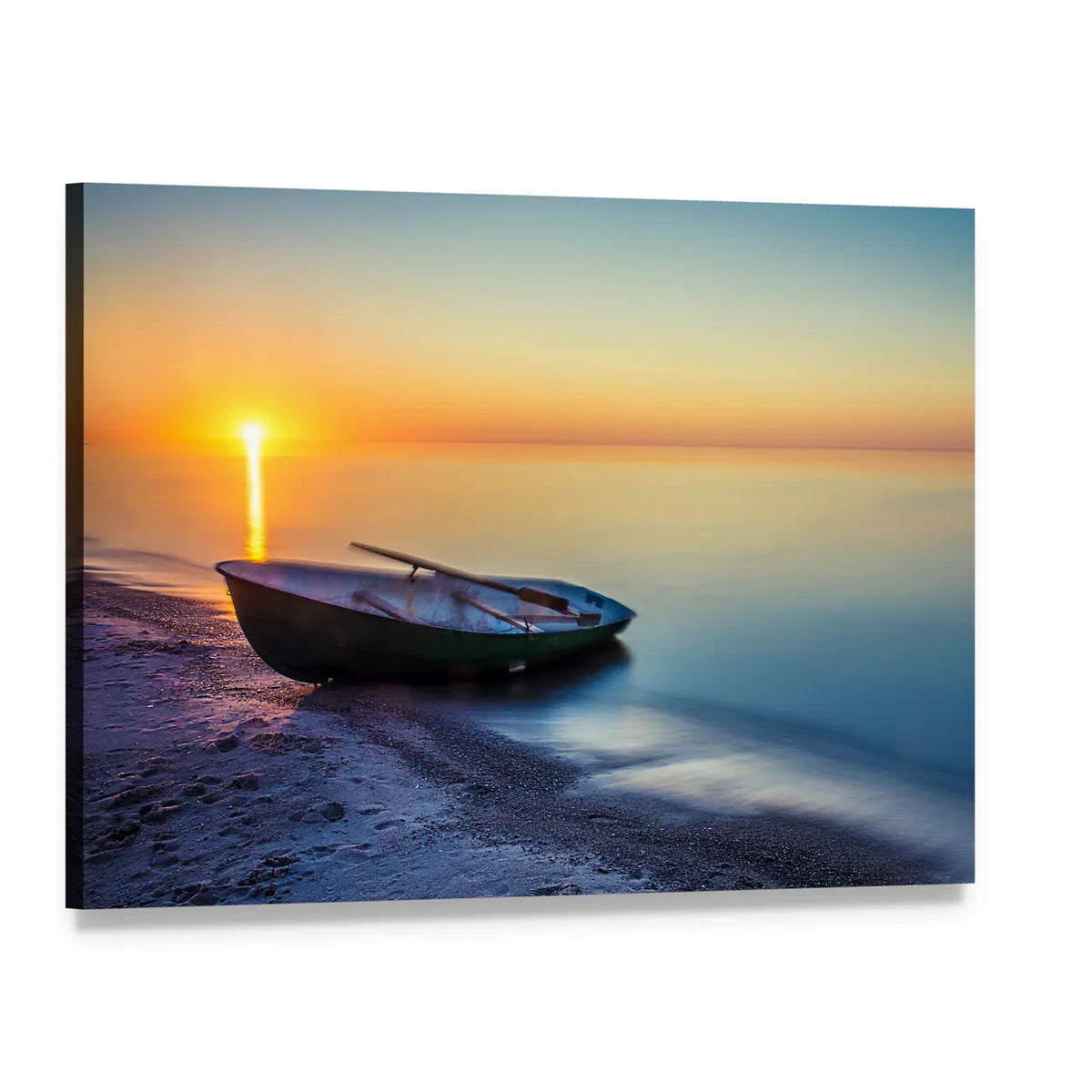 Sunset Rowboat Seascape Canvas Wall Art, single panel gallery wrapped canvas, angled product view