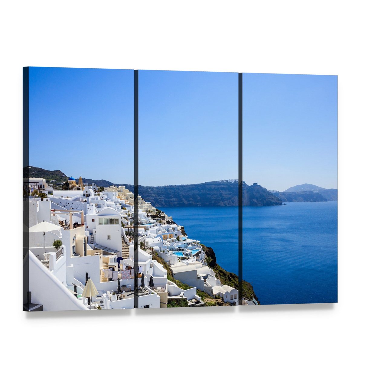 Santorini Island in Daylight Canvas Wall Art, 3 panel 3 Horizontal layout gallery wrapped canvas set, angled product view