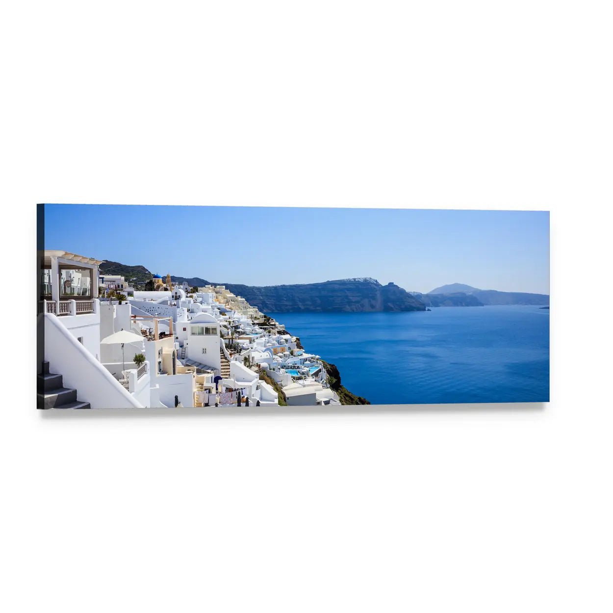 Santorini Cliffside Village Panoramic Canvas Wall Art, single panel gallery wrapped canvas, angled product view