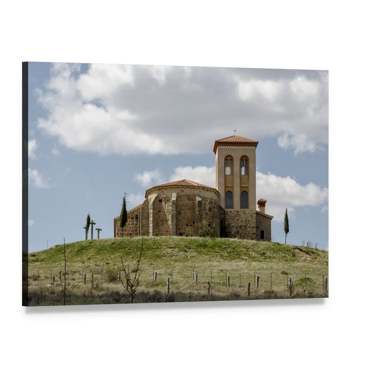 Romanesque Hermitage on Grassy Hill Canvas Wall Art, single panel gallery wrapped canvas, angled product view