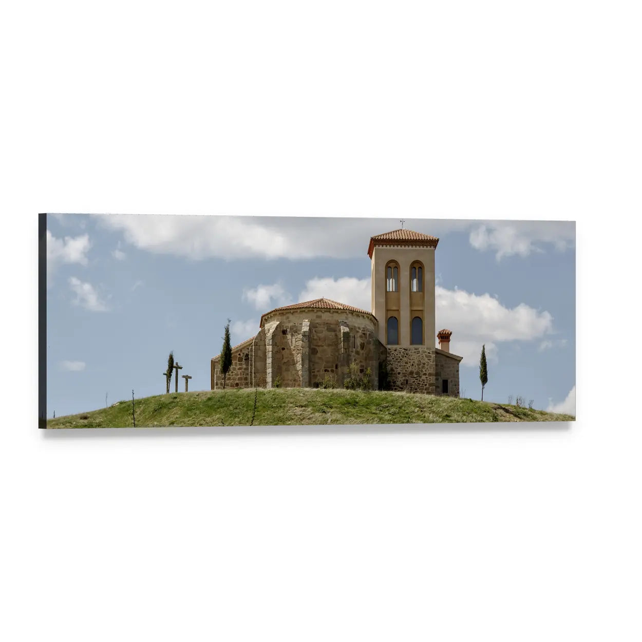 Romanesque Hermitage of San Cristobal Panoramic Canvas Wall Art, single panel gallery wrapped canvas, angled product view