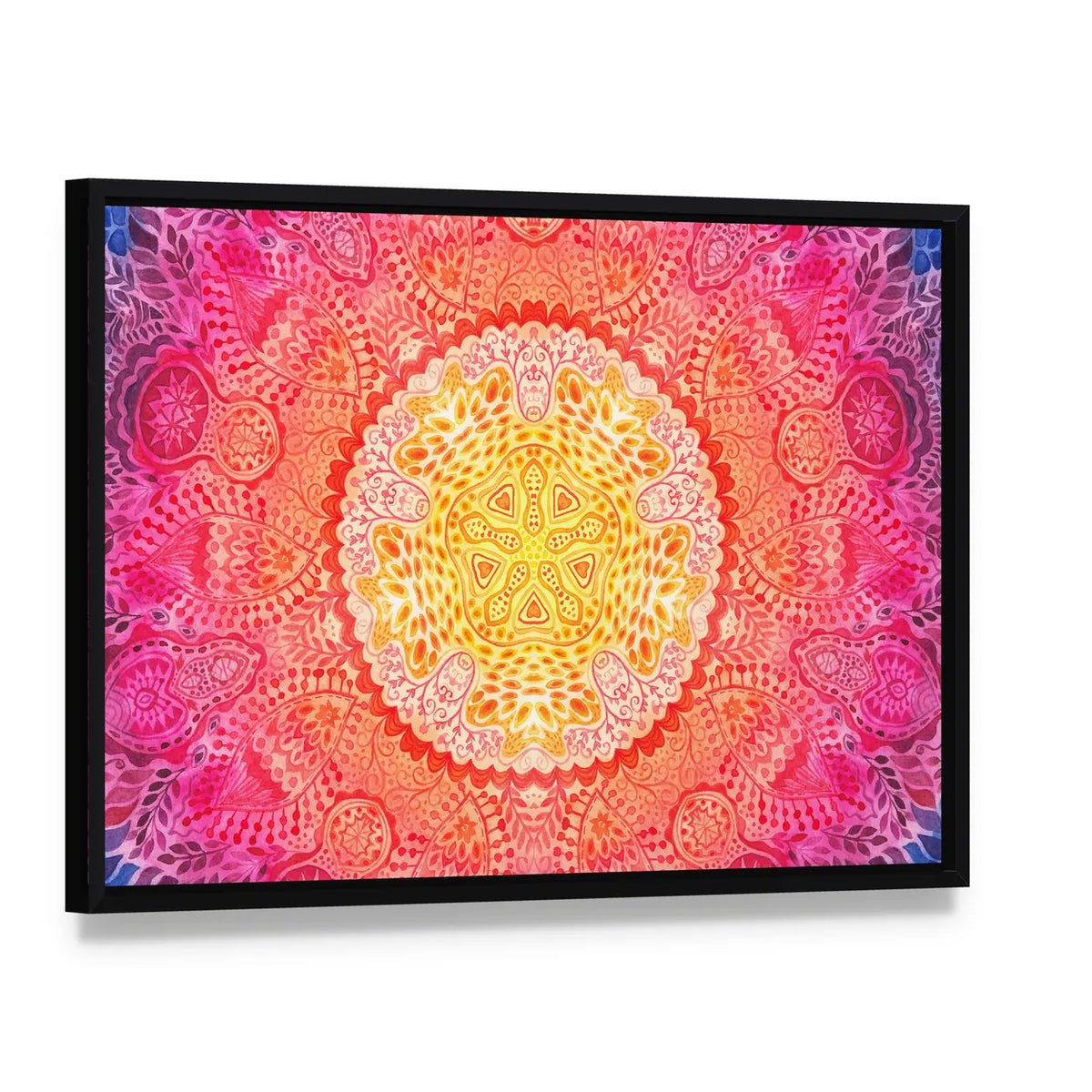 Watercolor Mandala Canvas Wall Art, framed canvas in a black floater frame, angled product view