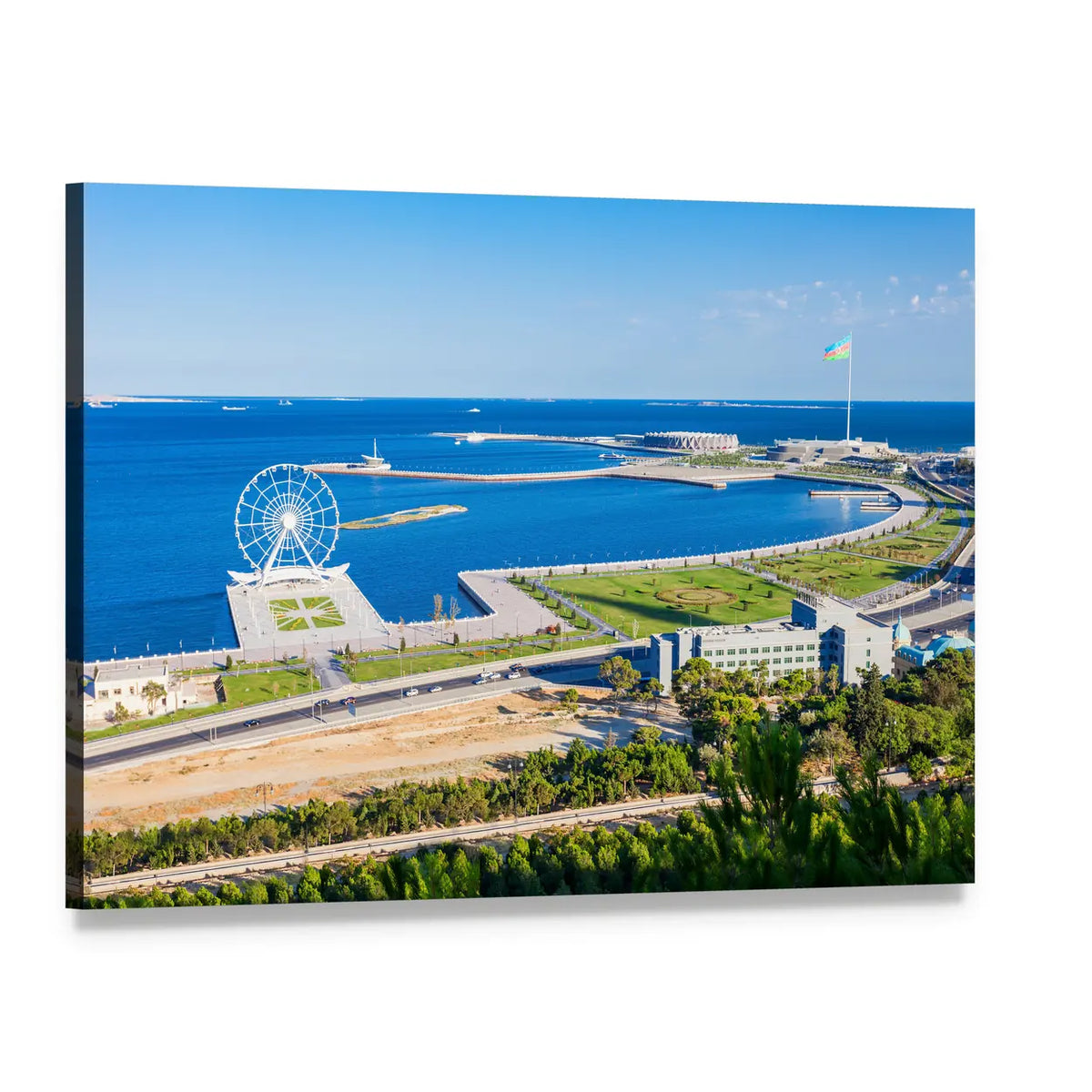 Aerial Coastal Ferris Wheel and Park Canvas Wall Art, single panel gallery wrapped canvas, angled product view