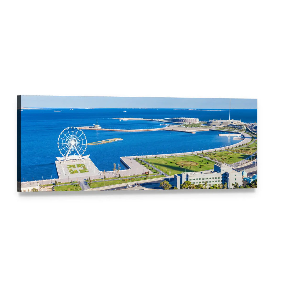 Aerial Bay with Ferris Wheel Panoramic Canvas Wall Art, single panel gallery wrapped canvas, angled product view