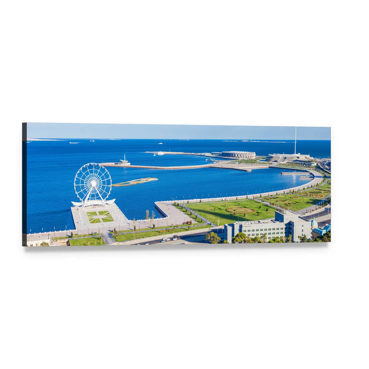 Aerial Bay with Ferris Wheel Panoramic Canvas Wall Art, single panel gallery wrapped canvas, angled product view