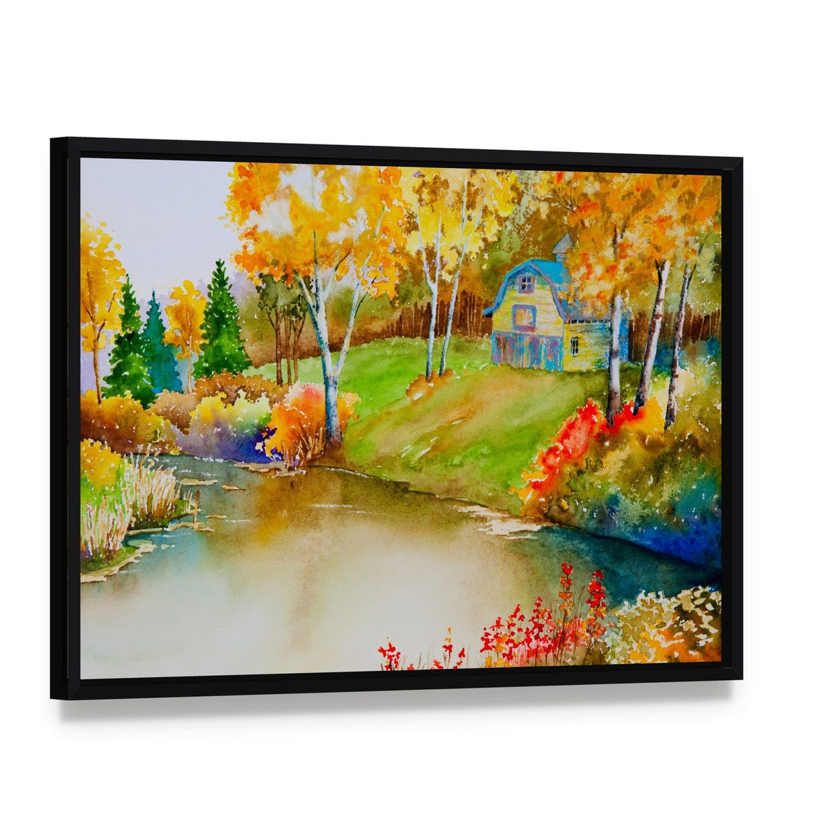 Barn & Pond in Autumn Canvas Wall Art, framed canvas in a black floater frame, angled product view