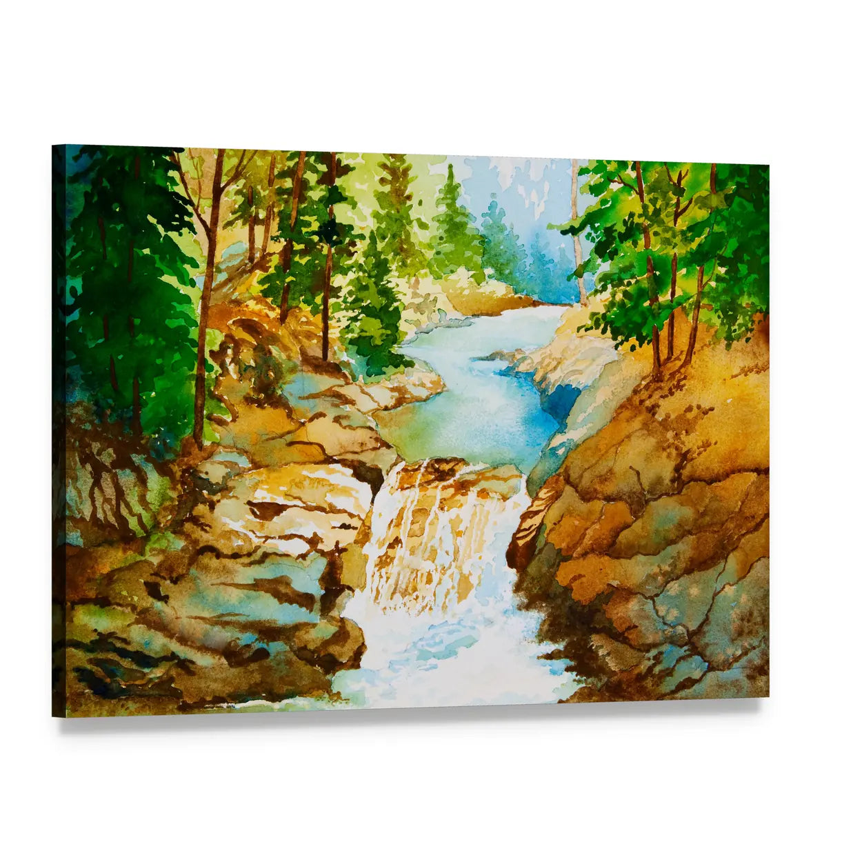 Forest Waterfall with Stream Canvas Wall Art, single panel gallery wrapped canvas, angled product view