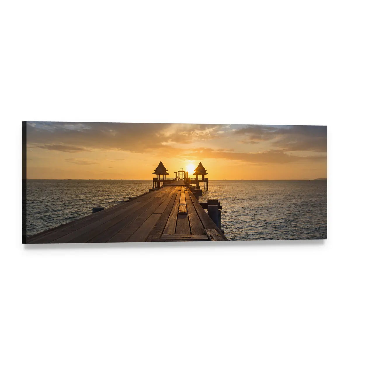 Sunset Pier with Twin Gazebos Panoramic Canvas Wall Art, single panel gallery wrapped canvas, angled product view