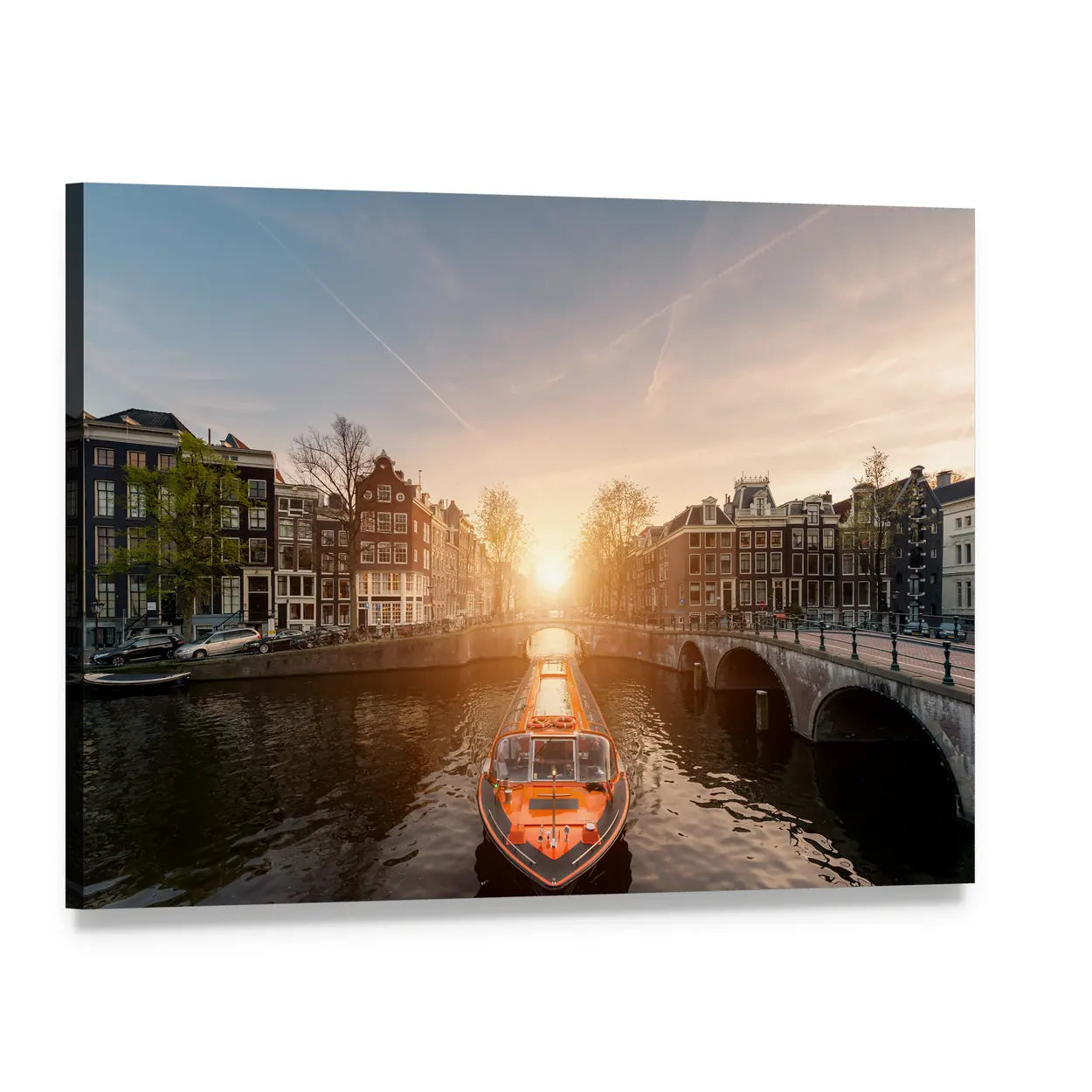 Cruise Ship on Amsterdam Canal Canvas Wall Art, single panel gallery wrapped canvas, angled product view