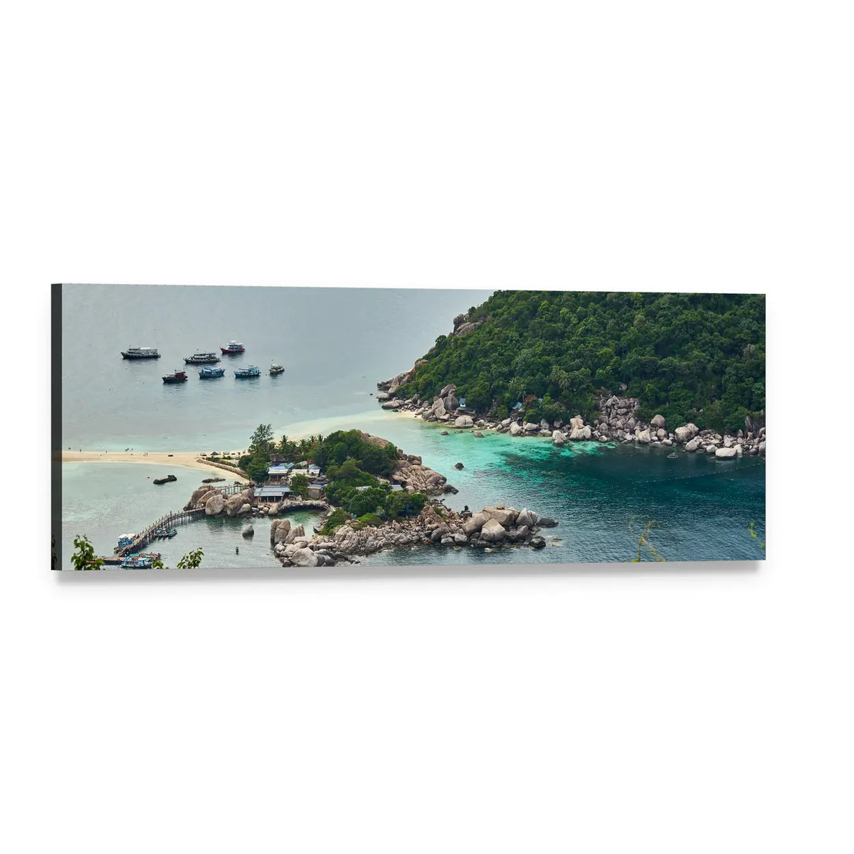 Tropical Island with Sandbar and Anchored Boats Panoramic Canvas Wall Art, single panel gallery wrapped canvas, angled product view
