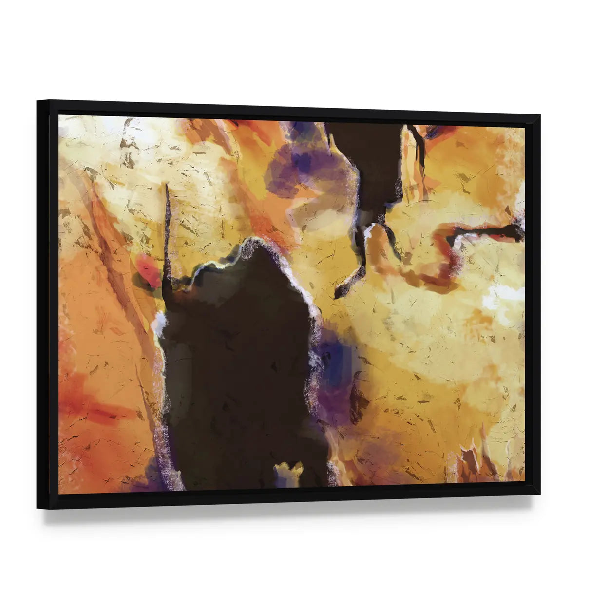 Textured Orange Abstract with Dark Central Void Canvas Wall Art, framed canvas in a black floater frame, angled product view
