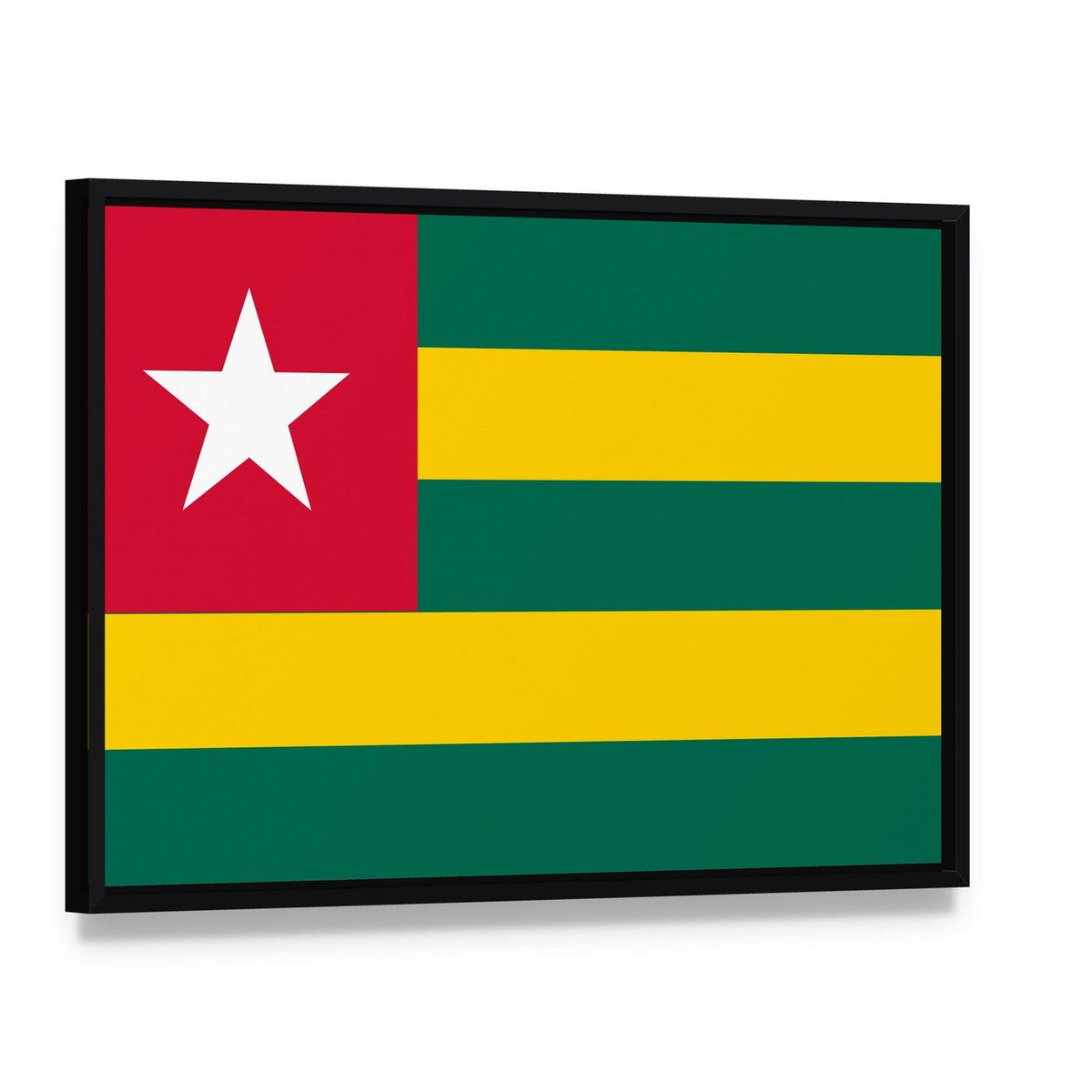 Togo Flag Geometric Design Canvas Wall Art, framed canvas in a black floater frame, angled product view