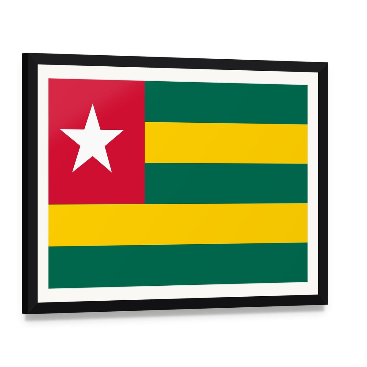 Togo Flag Geometric Design Canvas Wall Art, framed print with white mat and black frame, angled product view