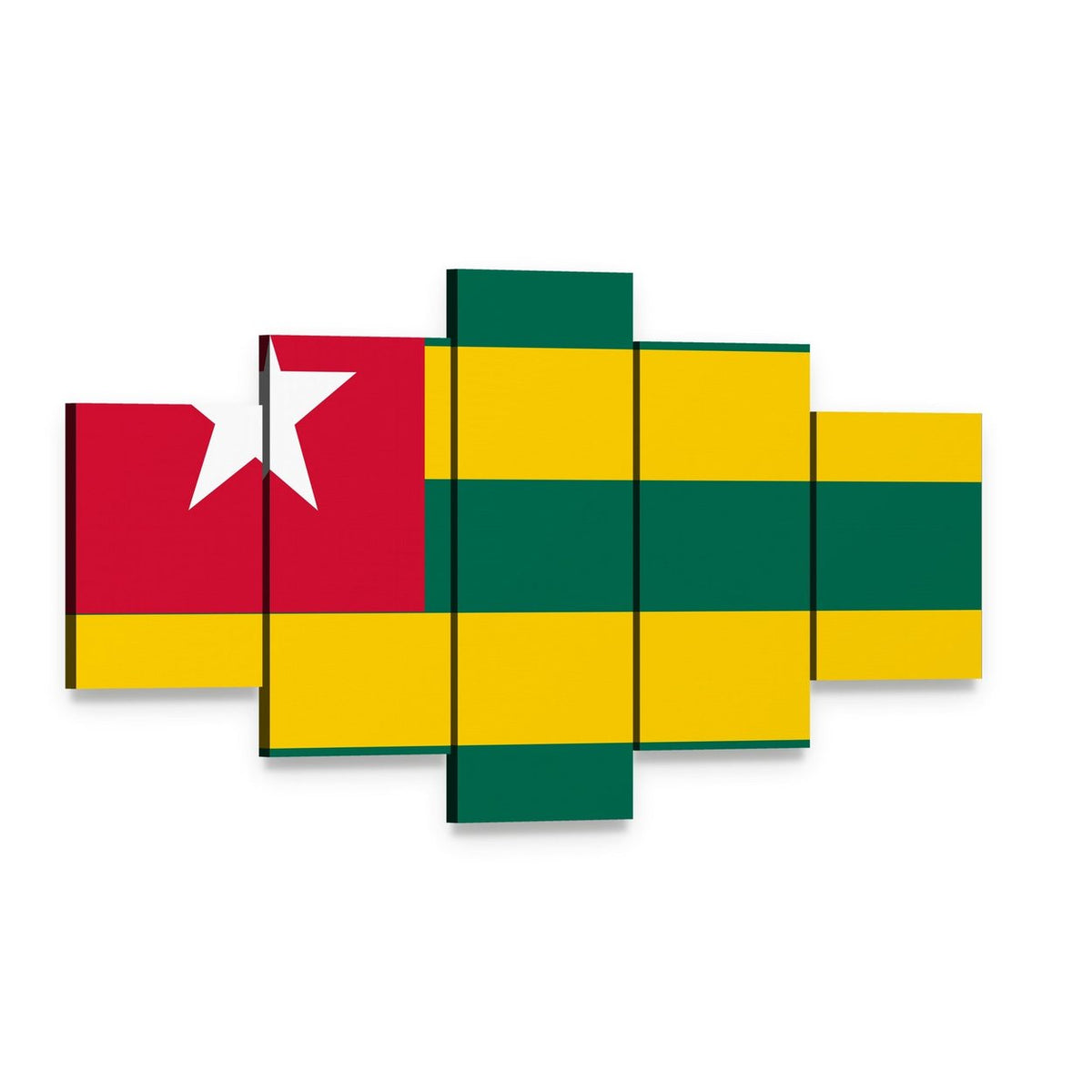 Togo Flag Geometric Design Canvas Wall Art, 5 panel 5 Star layout gallery wrapped canvas set, angled product view