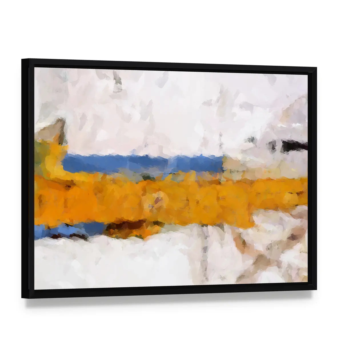 Ochre Yellow Band Abstract with Blue Accents Canvas Wall Art, framed canvas in a black floater frame, angled product view