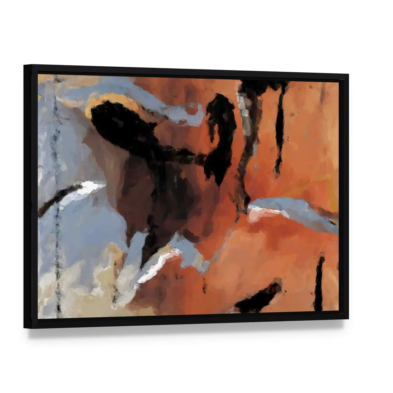 Grunge Orange Abstract Texture Canvas Wall Art, framed canvas in a black floater frame, angled product view