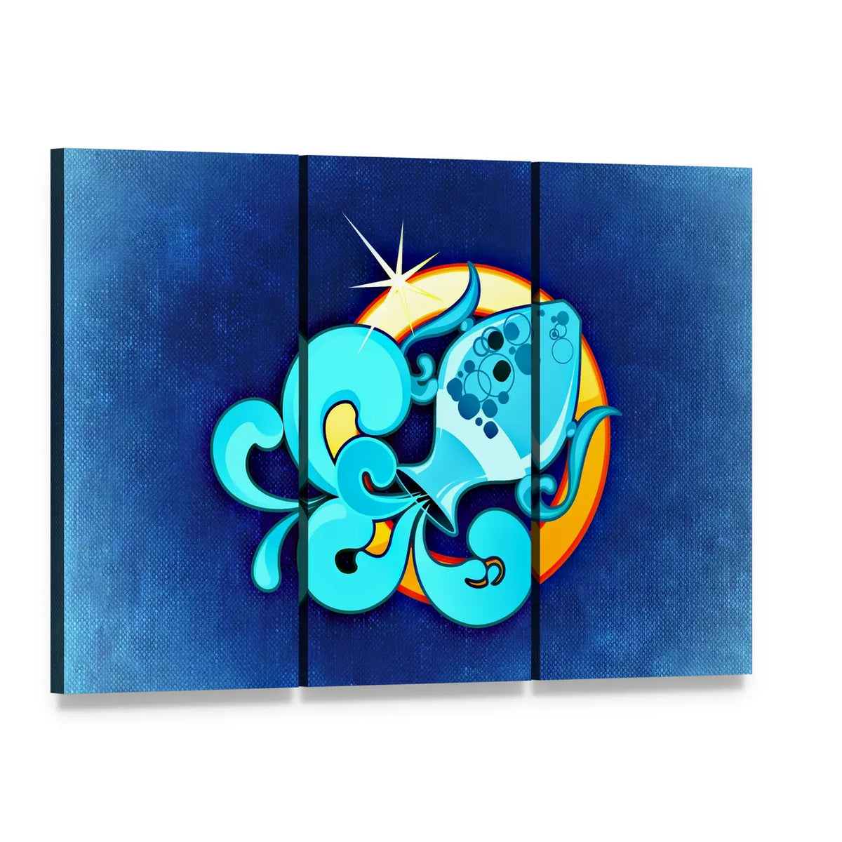 Textured Blue Aquarius Zodiac Sign Canvas Wall Art, 3 panel 3 Horizontal layout gallery wrapped canvas set, angled product view