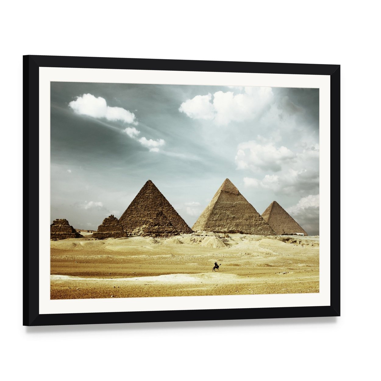Great Pyramids of Giza Canvas Wall Art, framed print with white mat and black frame, angled product view