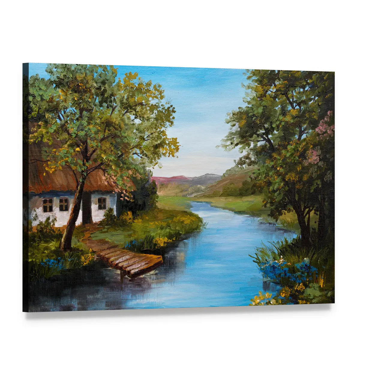 Thatched Cottage by the River Canvas Wall Art, single panel gallery wrapped canvas, angled product view
