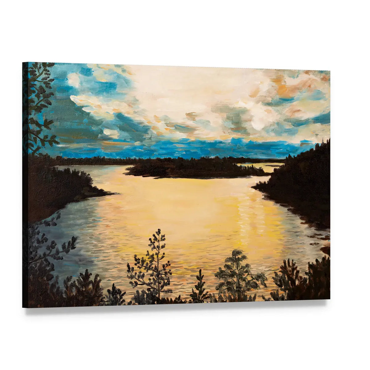 Sunset on the Lake Canvas Wall Art, single panel gallery wrapped canvas, angled product view