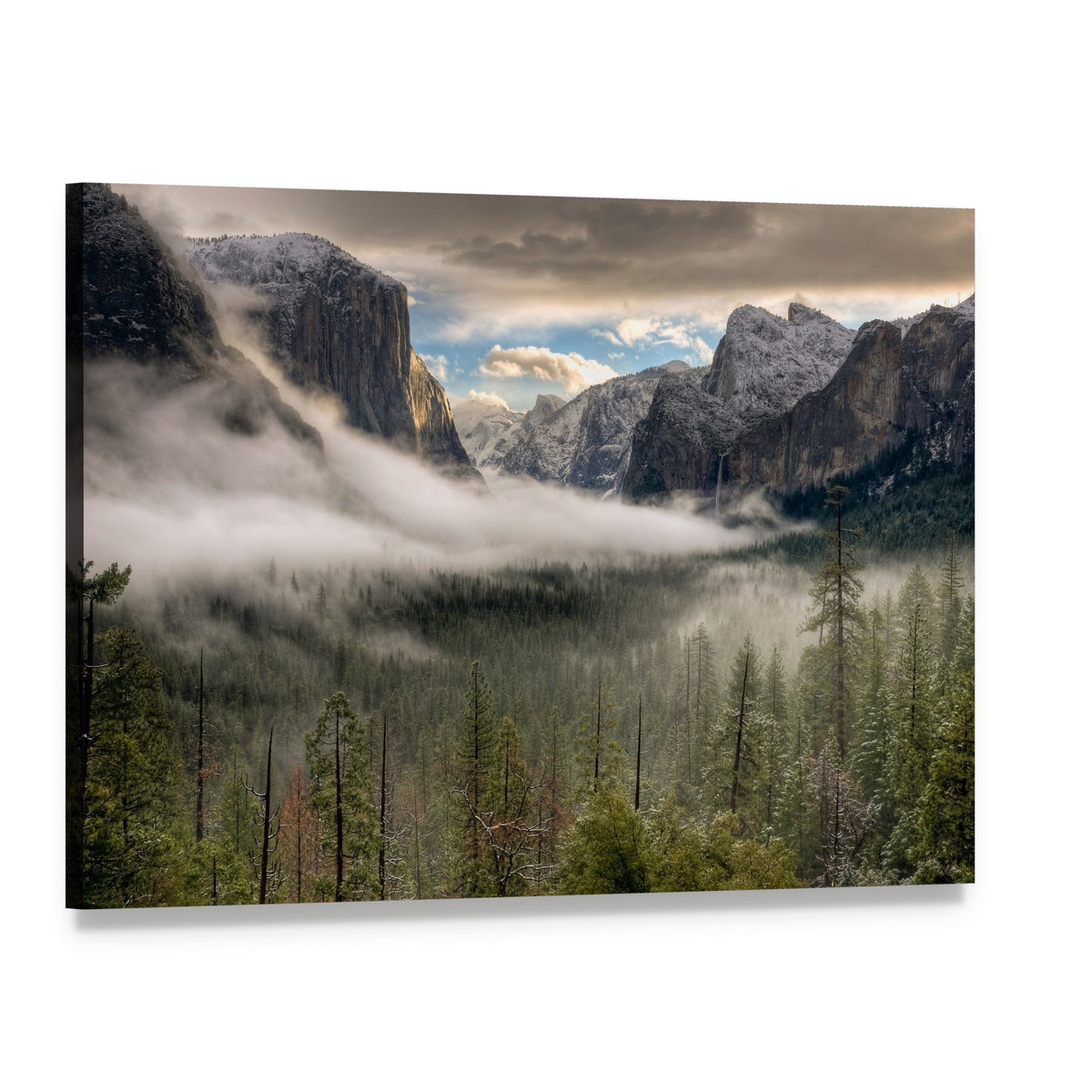 Misty Yosemite Valley with Fog Canvas Wall Art, single panel gallery wrapped canvas, angled product view