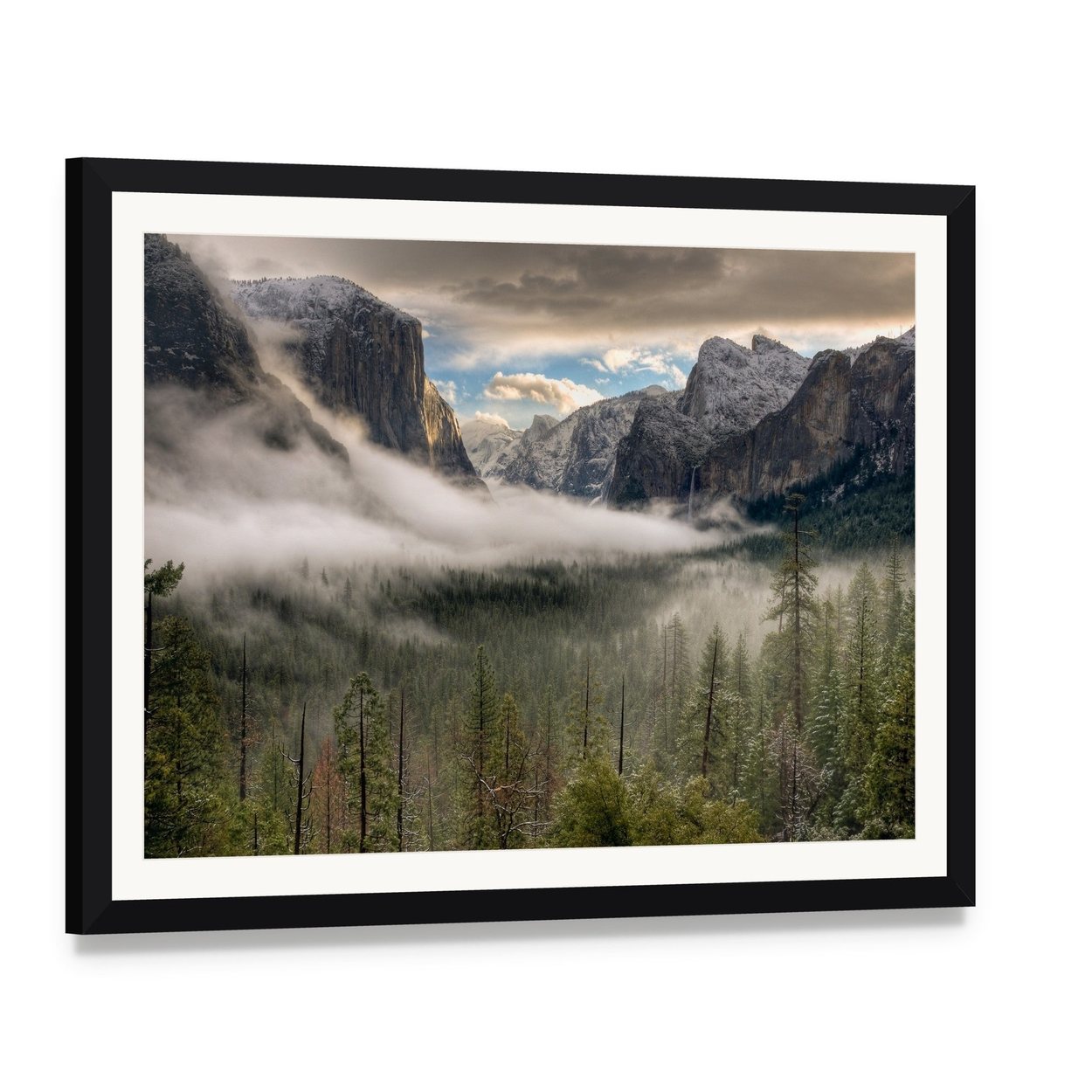 Misty Yosemite Valley with Fog Canvas Wall Art, framed print with white mat and black frame, angled product view