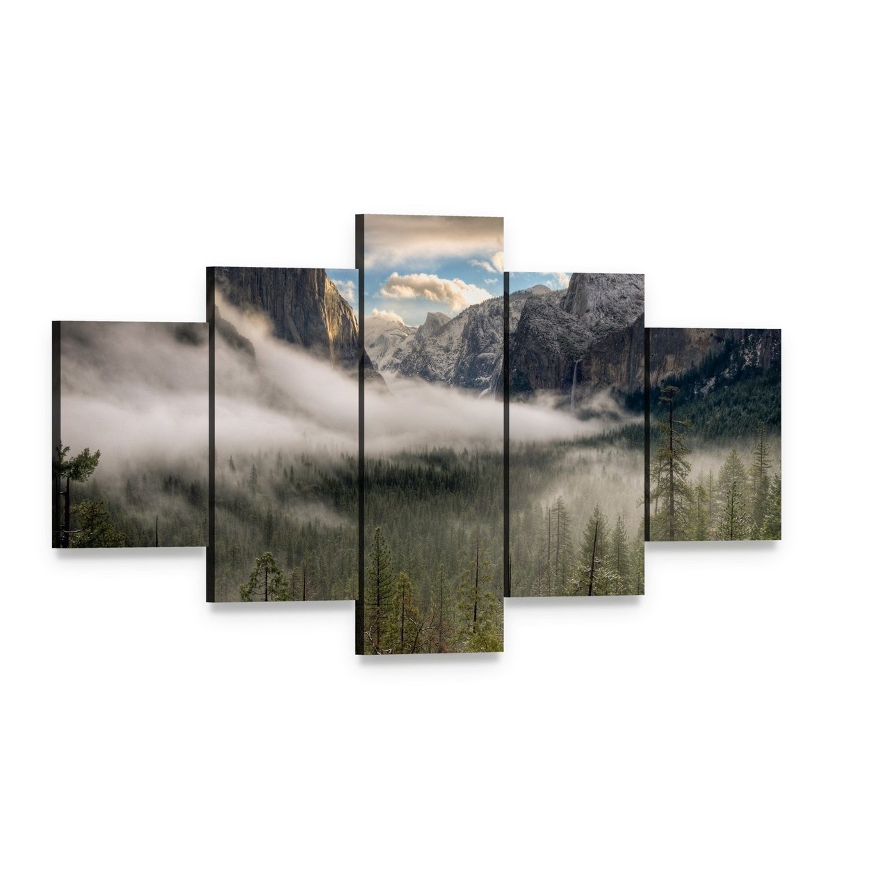 Misty Yosemite Valley with Fog Canvas Wall Art, 5 panel 5 Star layout gallery wrapped canvas set, angled product view
