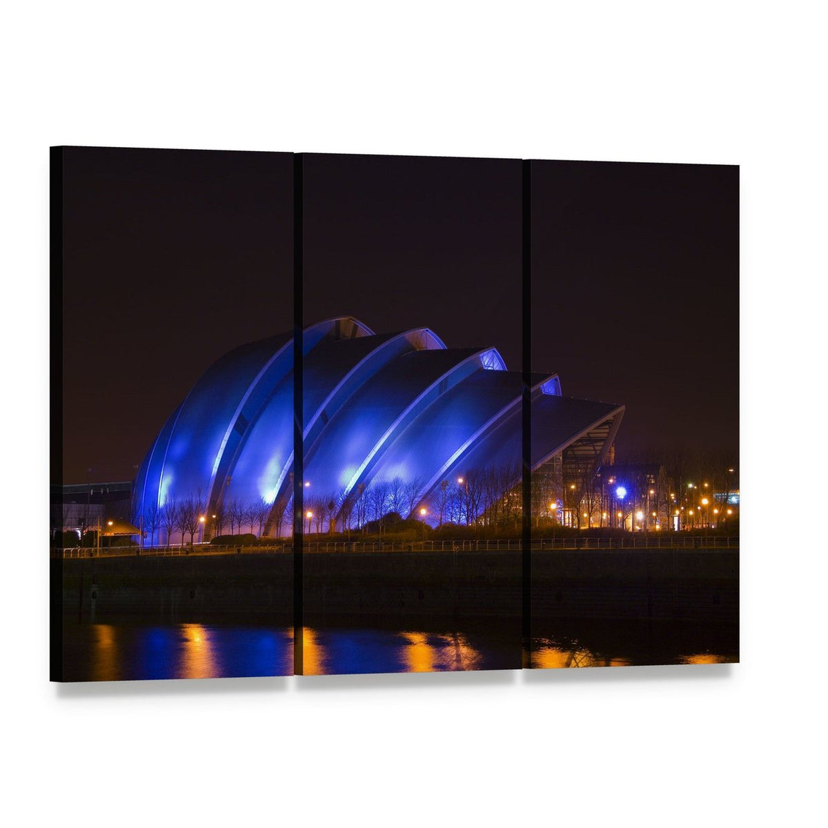 Glasgow Armadillo Building Canvas Wall Art, 3 panel 3 Horizontal layout gallery wrapped canvas set, angled product view