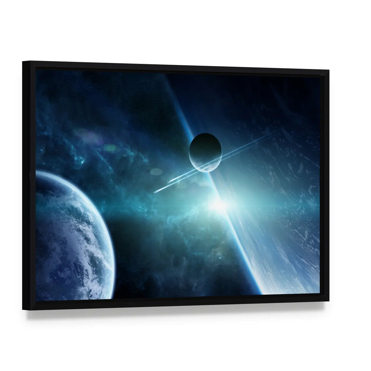 View of a Distant Planet System from Space Canvas Wall Art, framed canvas in a black floater frame, angled product view