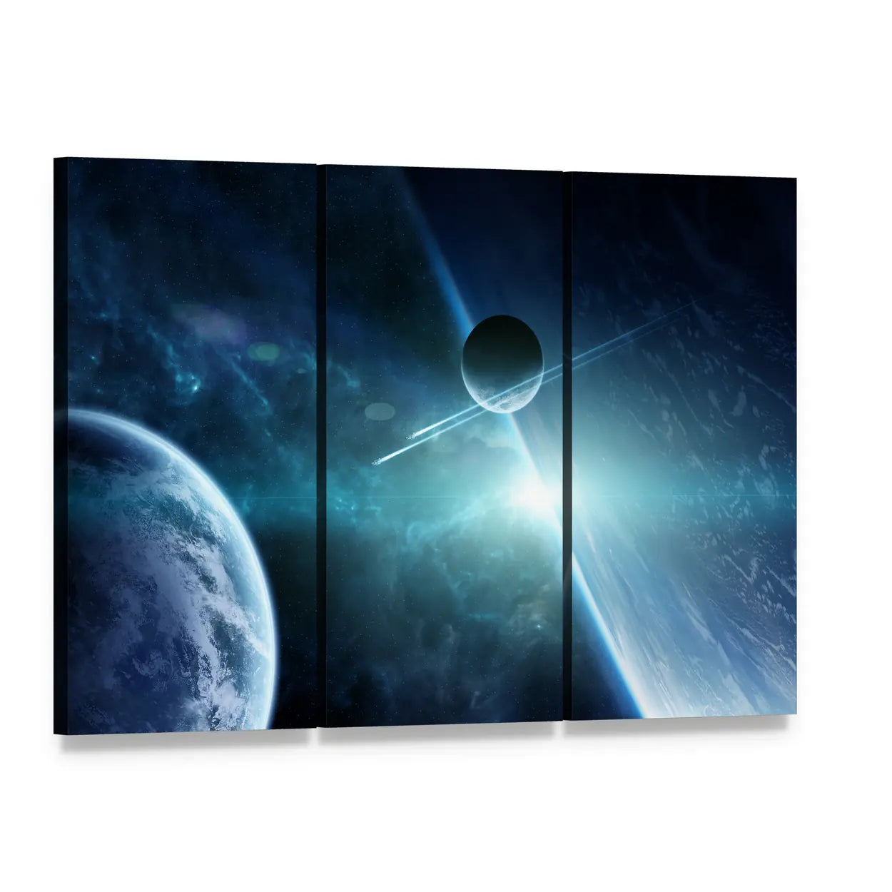 View of a Distant Planet System from Space Canvas Wall Art, 3 panel 3 Horizontal layout gallery wrapped canvas set, angled product view