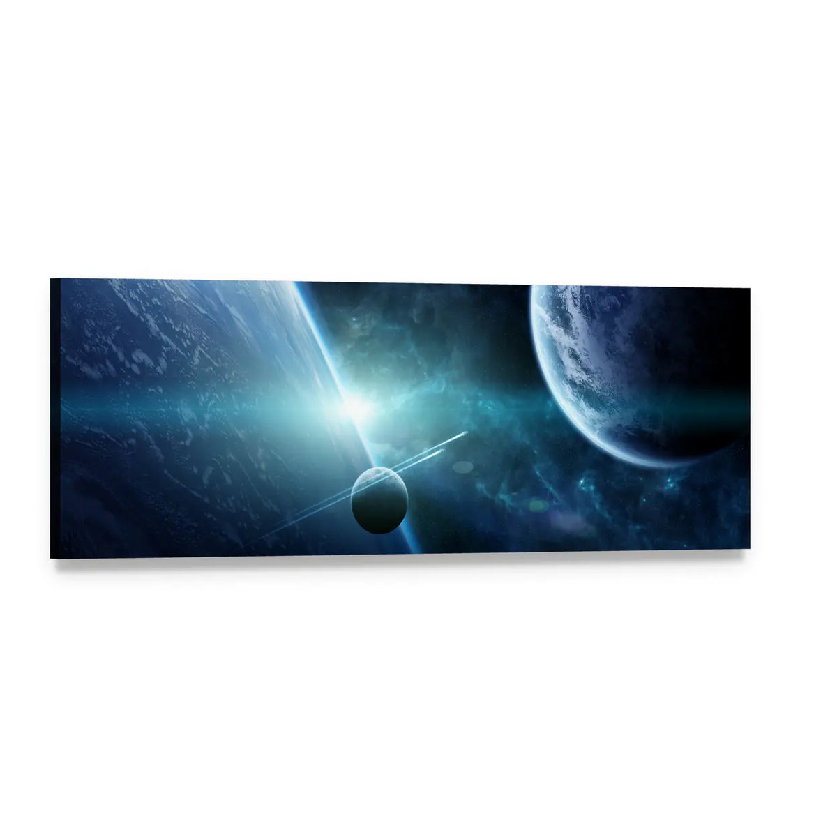 Distant Ringed Planet Over Nebula Panoramic Canvas Wall Art, single panel gallery wrapped canvas, angled product view