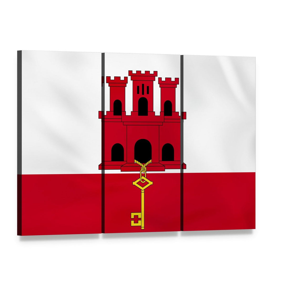 Gibraltar Flag with Castle and Key Canvas Wall Art, 3 panel 3 Horizontal layout gallery wrapped canvas set, angled product view