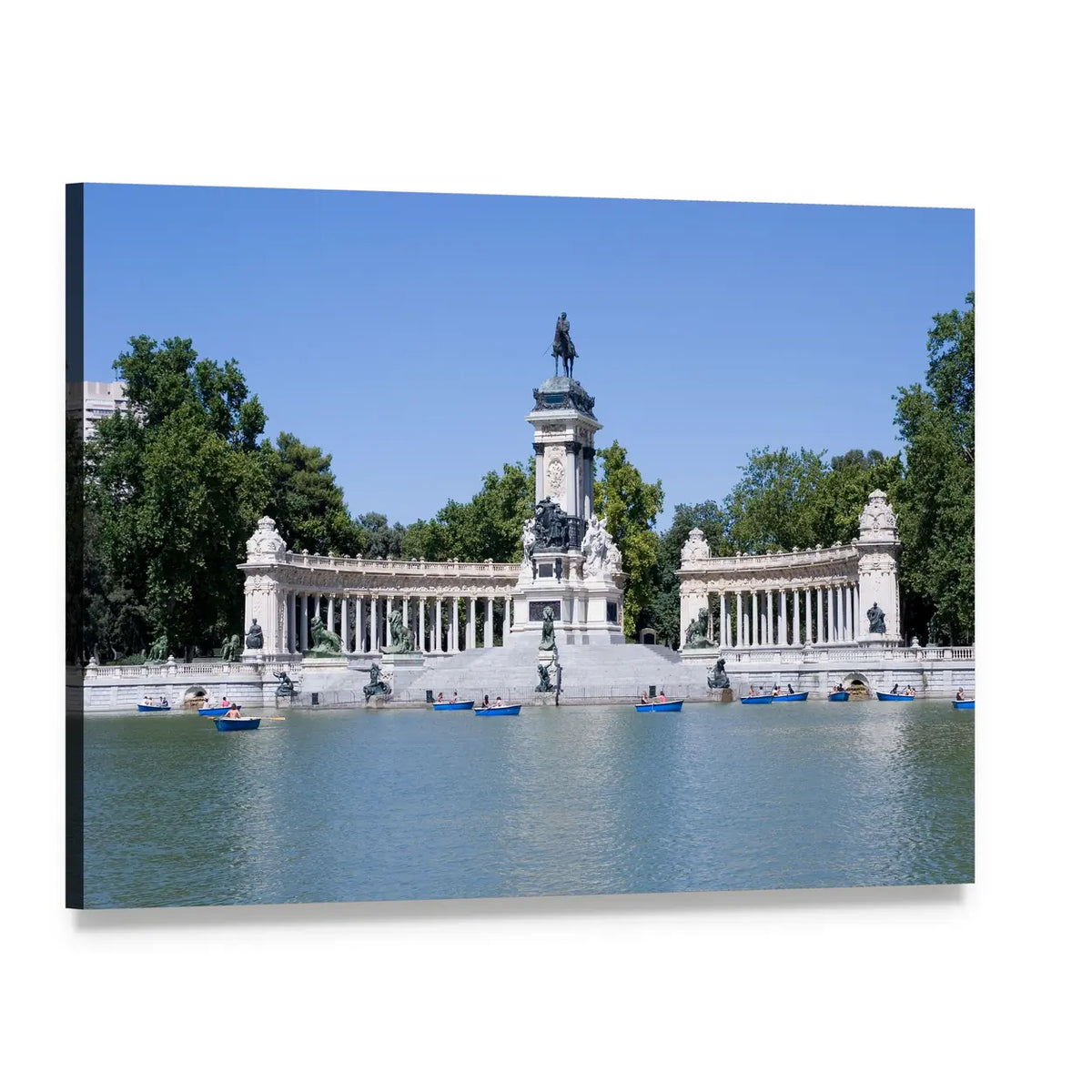 Retiro Park Equestrian Monument and Rowboats Canvas Wall Art, single panel gallery wrapped canvas, angled product view