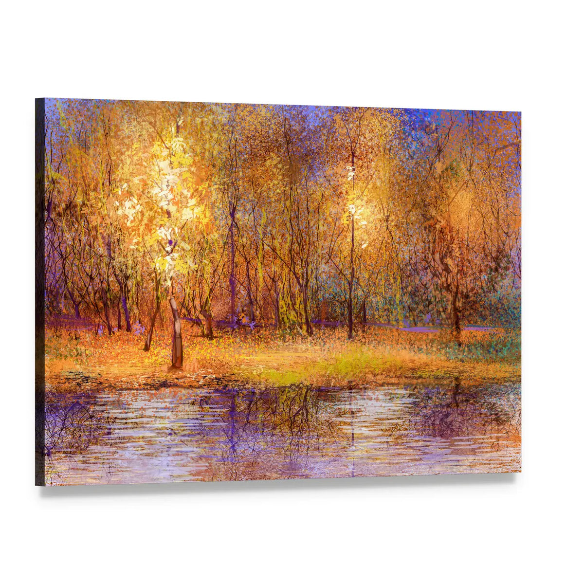 Colorful Autumn Trees at Lakeside Canvas Wall Art, single panel gallery wrapped canvas, angled product view