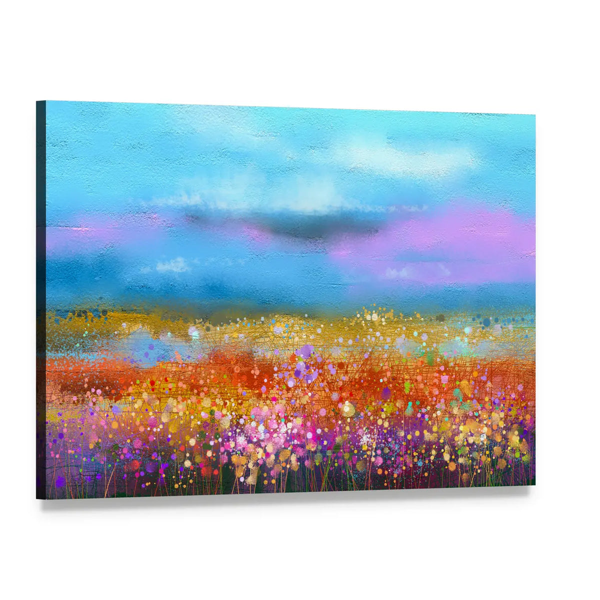 Watercolor Spring Meadow with Golden Horizon Canvas Wall Art, single panel gallery wrapped canvas, angled product view