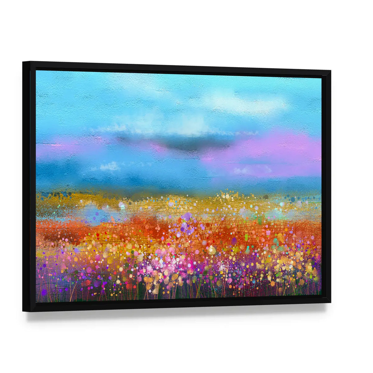 Watercolor Spring Meadow with Golden Horizon Canvas Wall Art, framed canvas in a black floater frame, angled product view