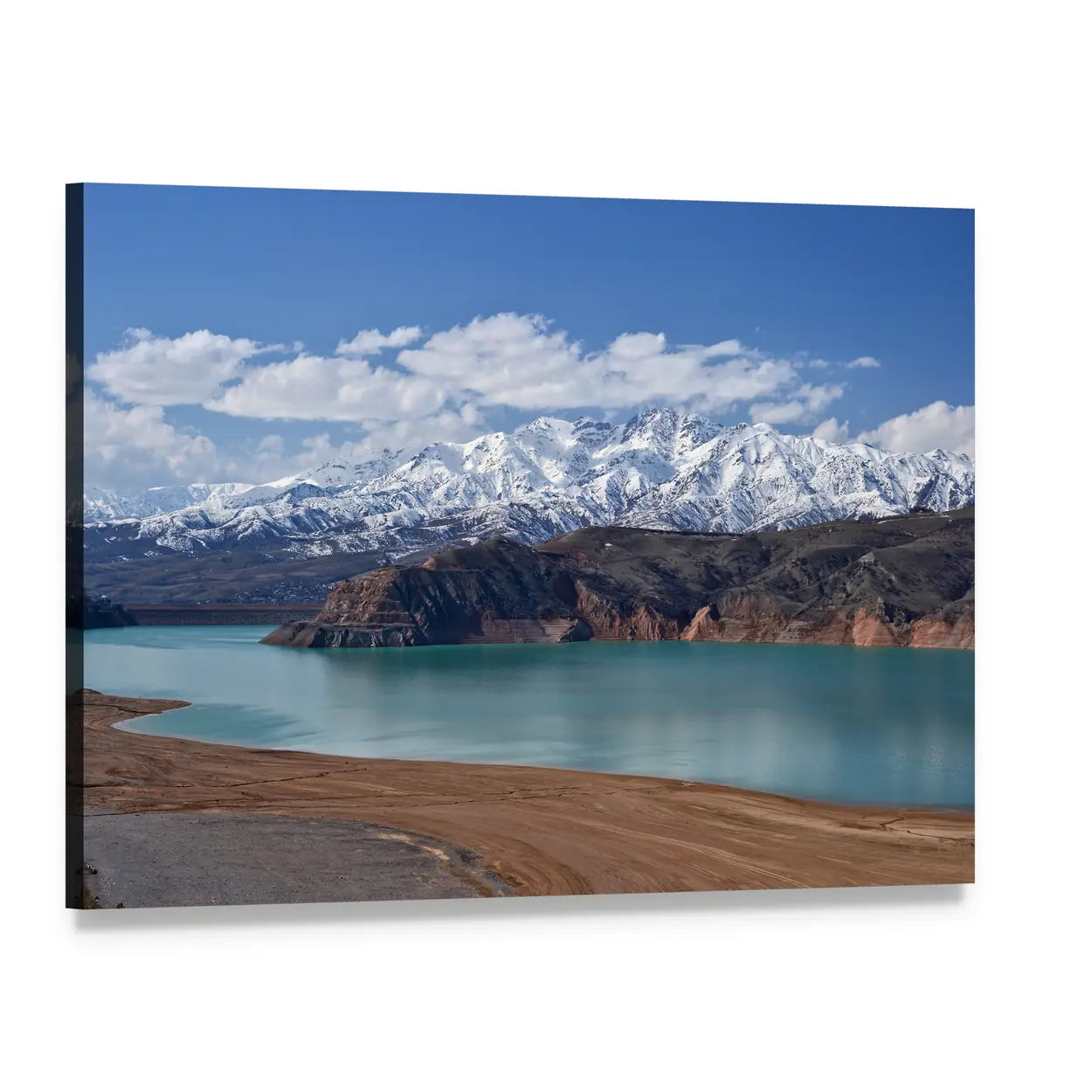 Turquoise Mountain Lake in Uzbekistan Canvas Wall Art, single panel gallery wrapped canvas, angled product view