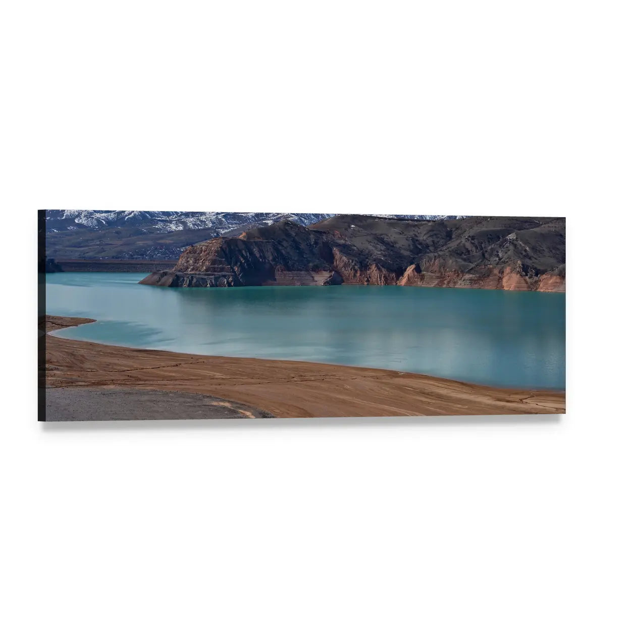 Turquoise Lake with Snow-capped Peaks Panoramic Canvas Wall Art, single panel gallery wrapped canvas, angled product view