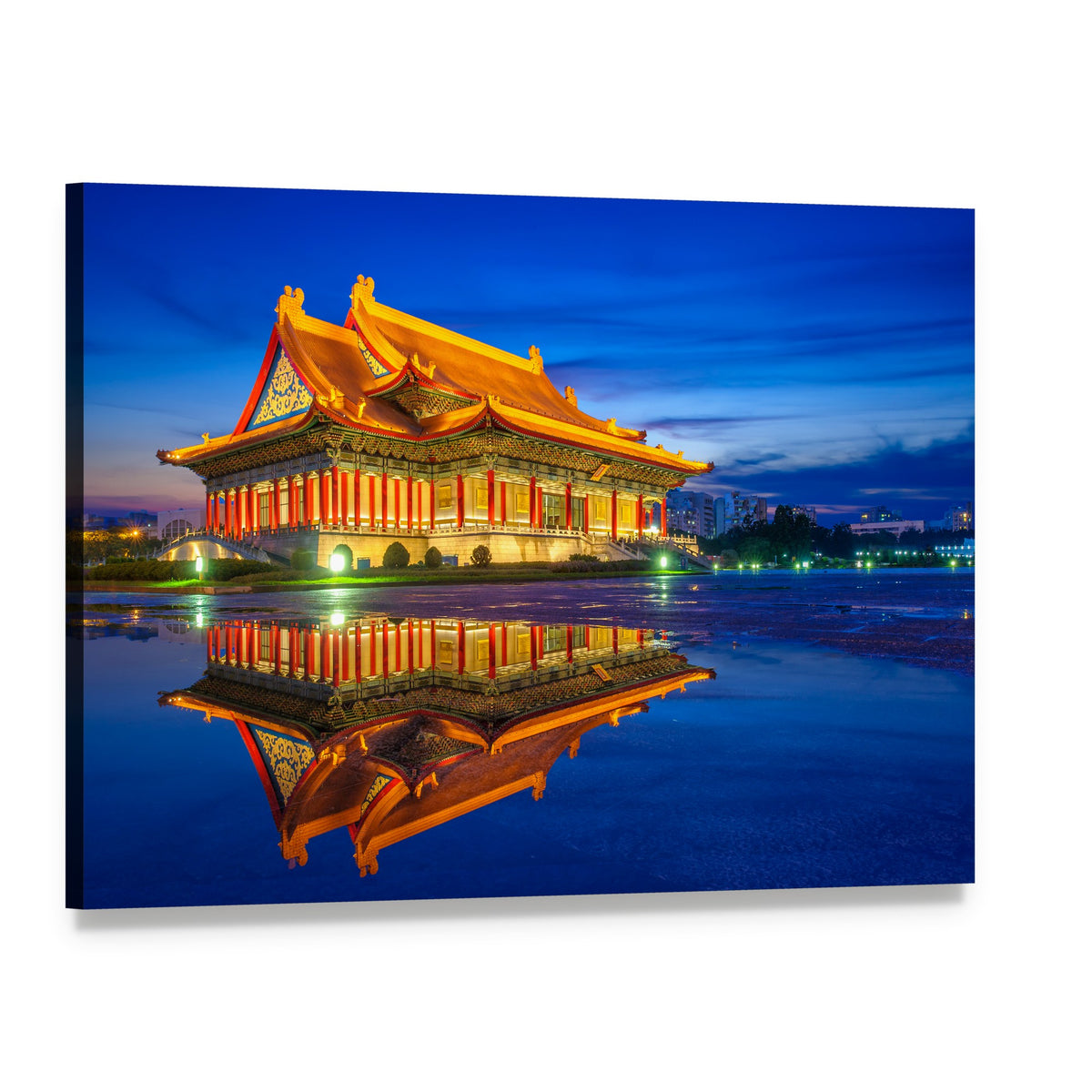 Reflection of National Theater Hall at Night Canvas Wall Art, single panel gallery wrapped canvas, angled product view