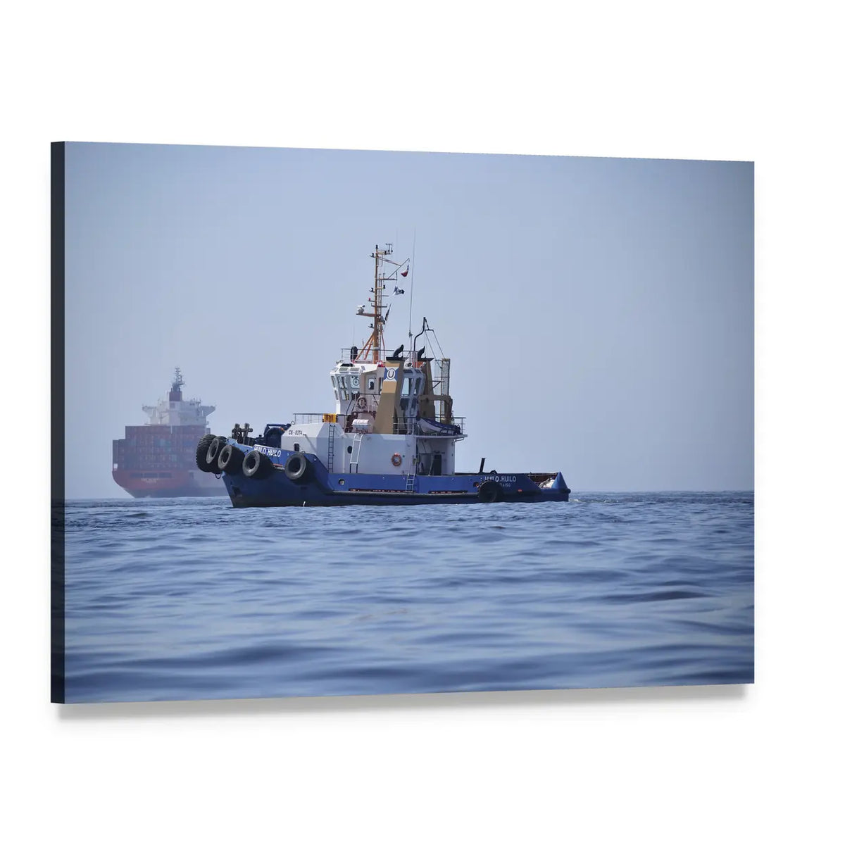 Tugboat and Container Ship Canvas Wall Art, single panel gallery wrapped canvas, angled product view