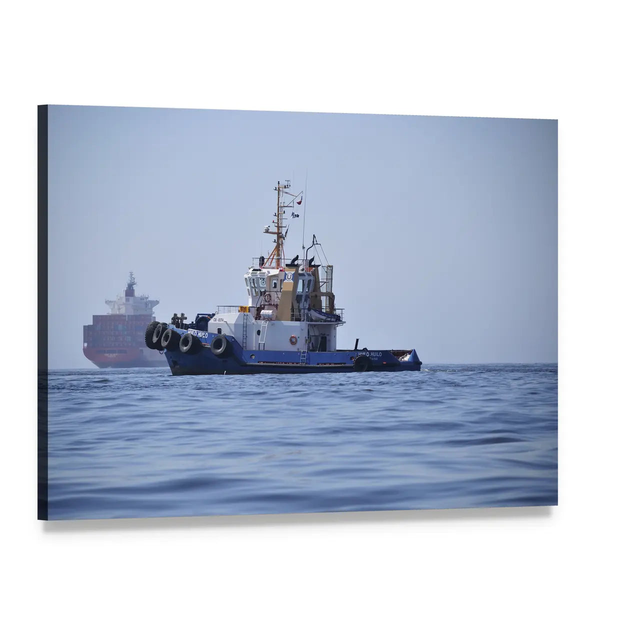 Tugboat and Container Ship Canvas Wall Art, single panel gallery wrapped canvas, angled product view