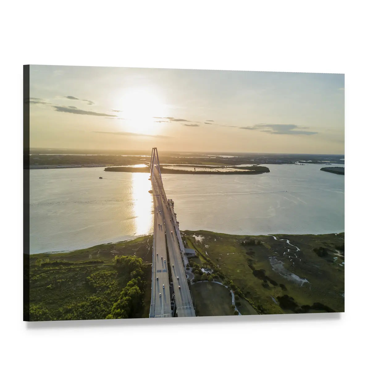 Arthur Ravenel Jr Bridge at Sunset Canvas Wall Art, single panel gallery wrapped canvas, angled product view