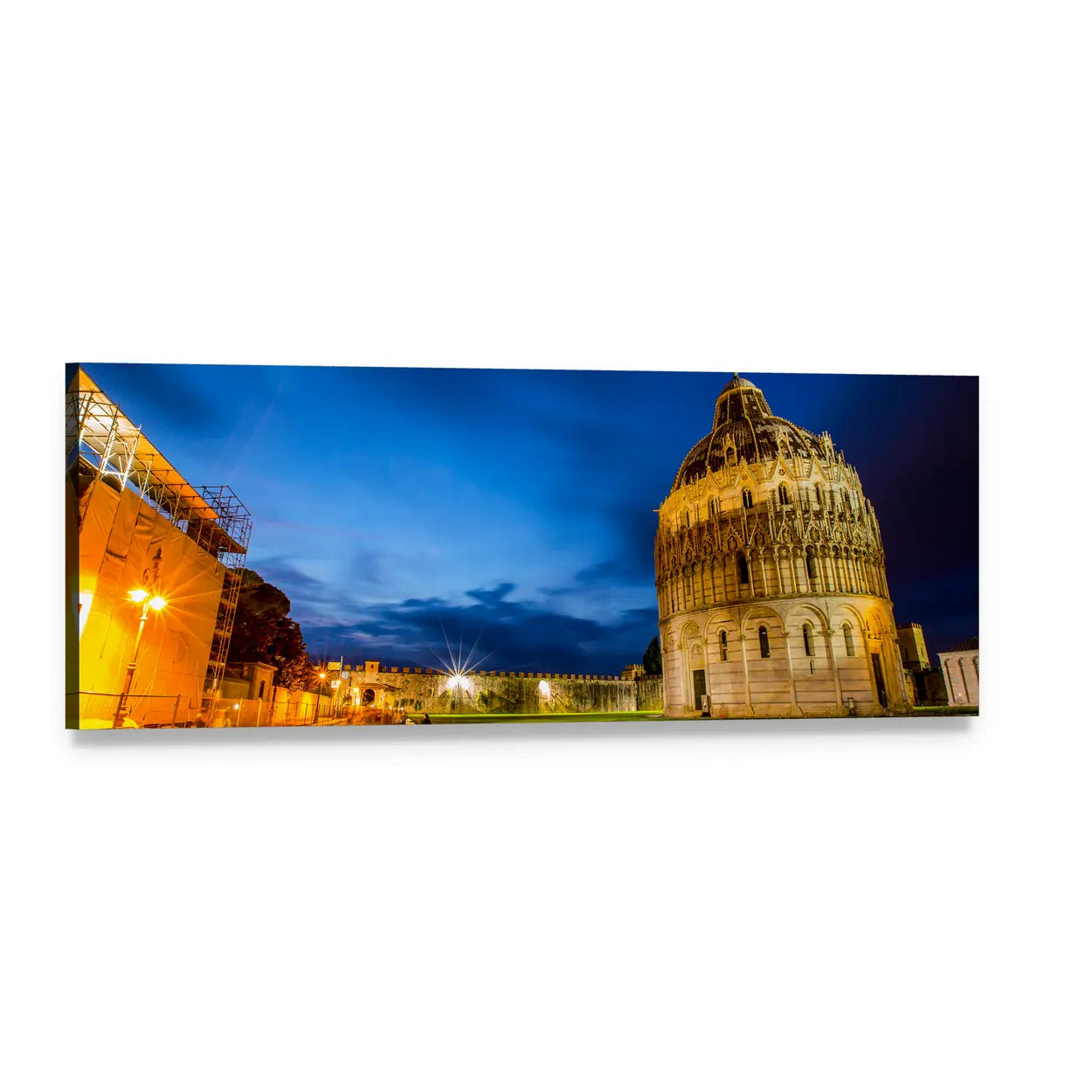 Pisa Baptistery at Twilight Panoramic Canvas Wall Art, single panel gallery wrapped canvas, angled product view
