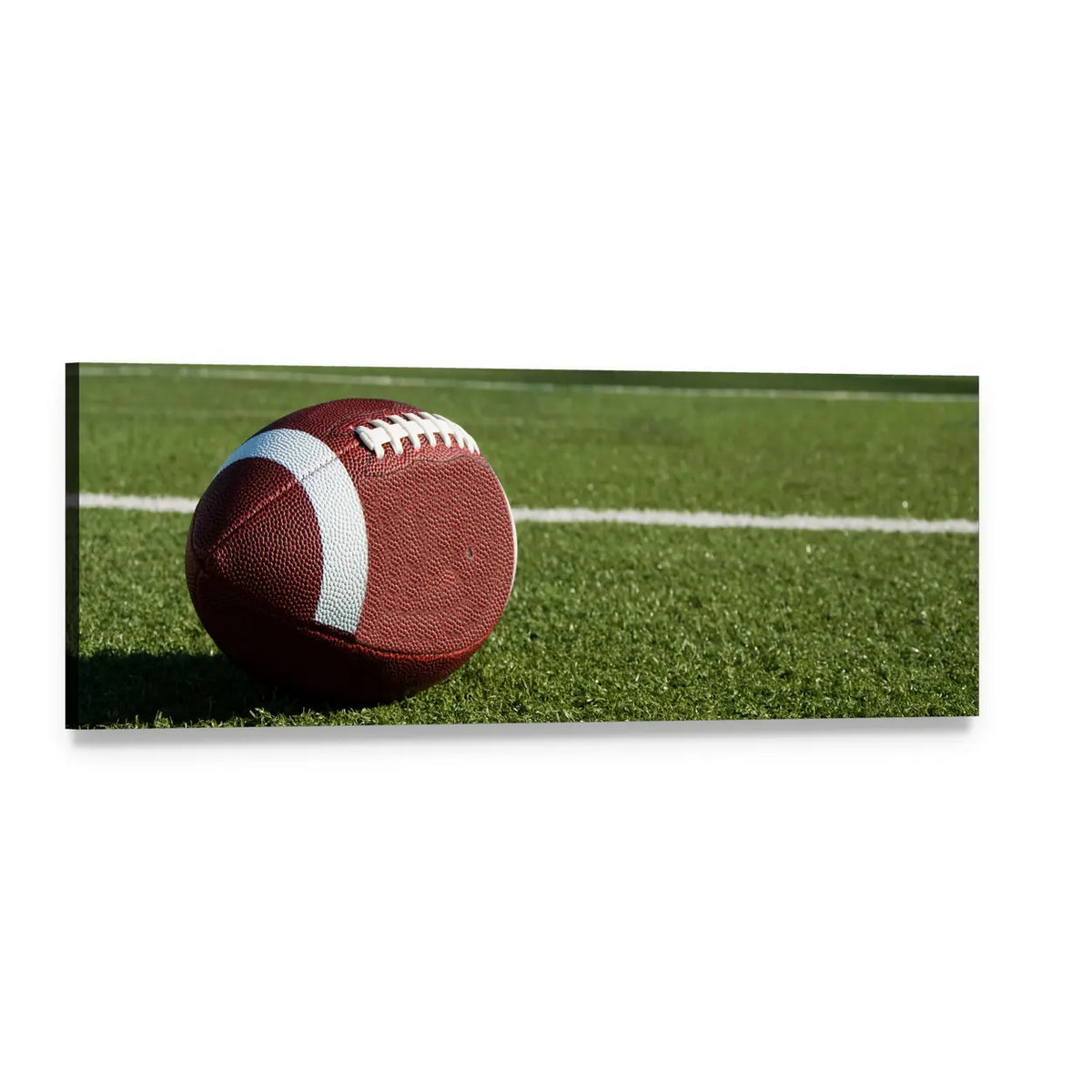 American Football on Green Turf Panoramic Canvas Wall Art, single panel gallery wrapped canvas, angled product view