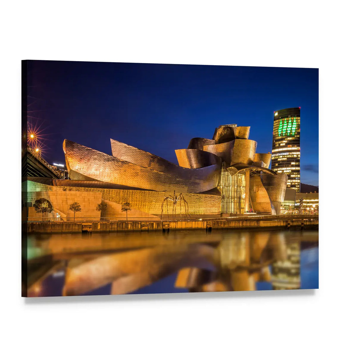 Guggenheim Museum Bilbao Night Reflection Canvas Wall Art, single panel gallery wrapped canvas, angled product view