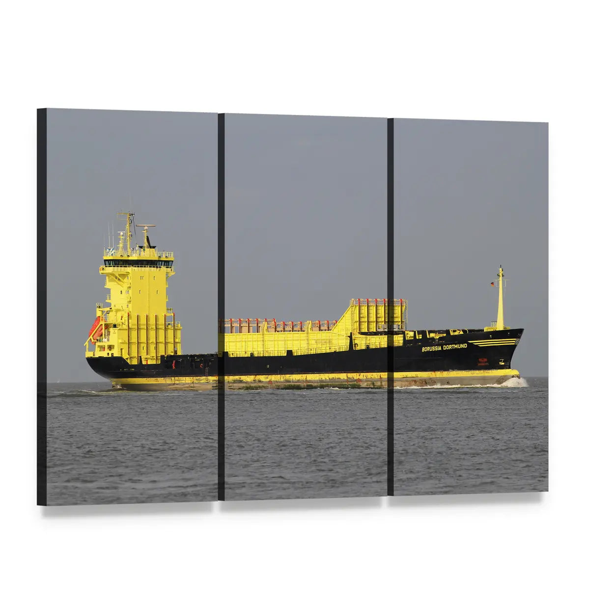 Yellow Container Ship at Sea Canvas Wall Art, 3 panel 3 Horizontal layout gallery wrapped canvas set, angled product view
