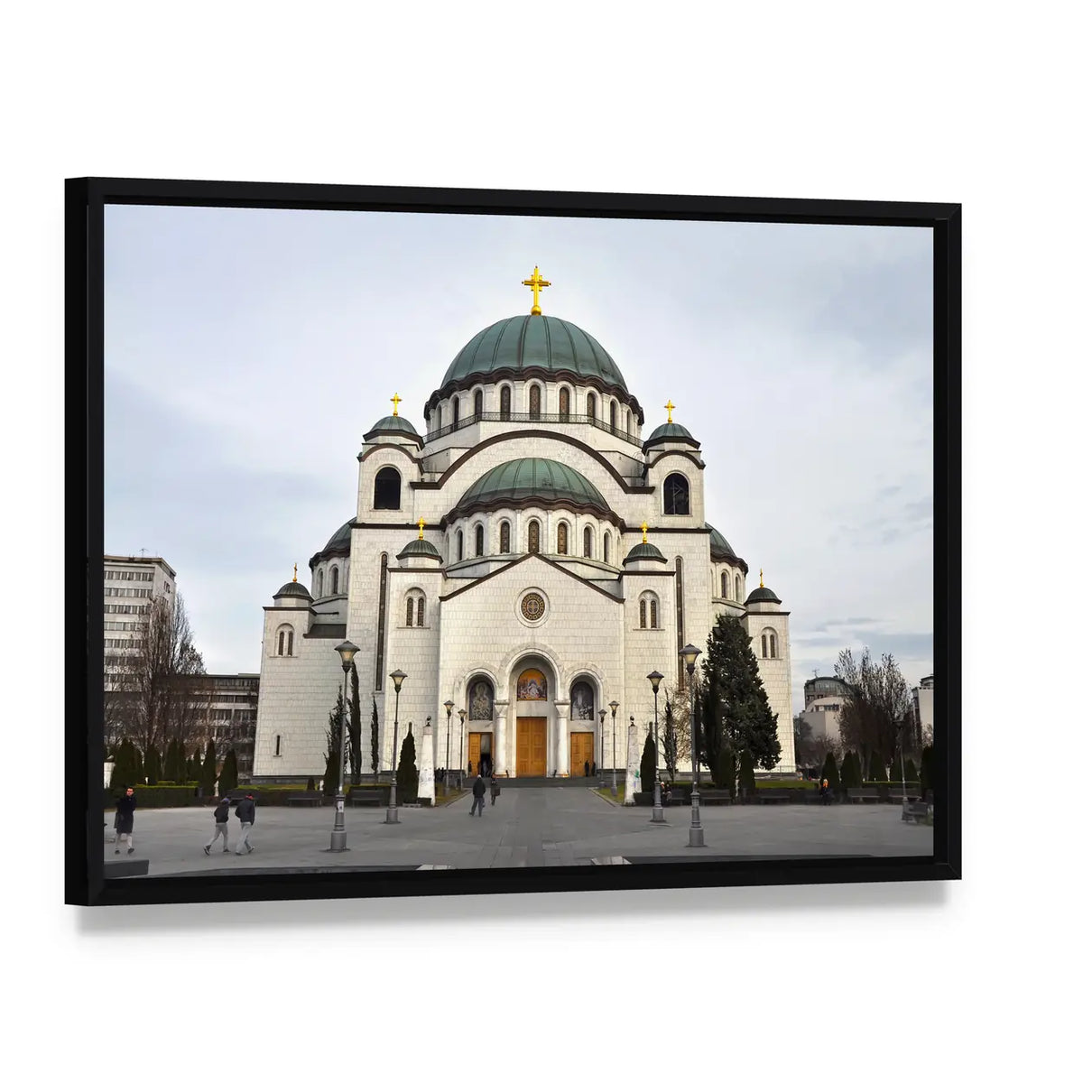 Saint Sava Church Canvas Wall Art, framed canvas in a black floater frame, angled product view